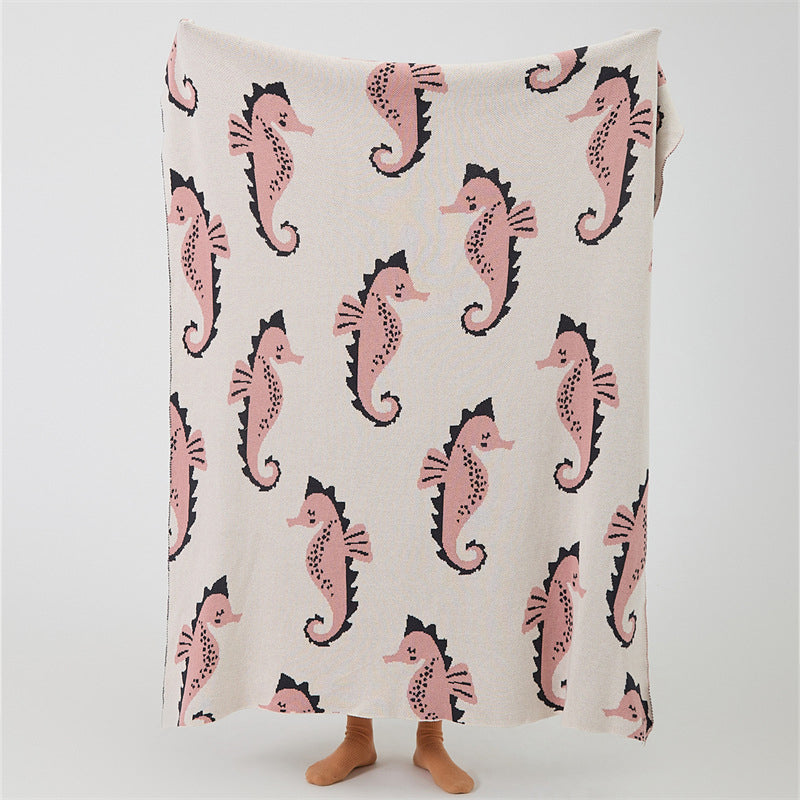 Knitted Wool 100% Cotton Blanket & Pillowcase - Seahorse