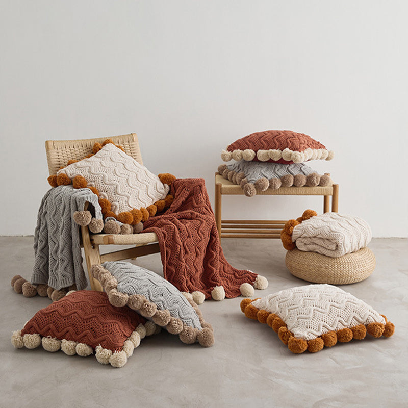 Pompoms Fluffy Tassel Knitted Blanket & Pillowcase - Fantas
