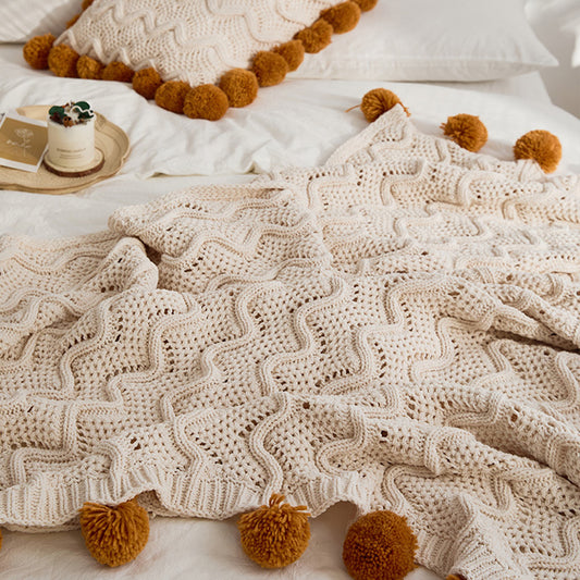 Pompoms Fluffy Tassel Knitted Blanket & Pillowcase - Fantas