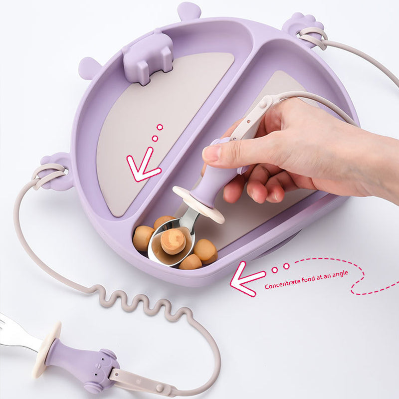 Straps Attachment with Fork & Spoon Divided Silicone Supper Suction Plate
