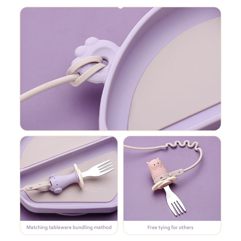 Straps Attachment with Fork & Spoon Divided Silicone Supper Suction Plate