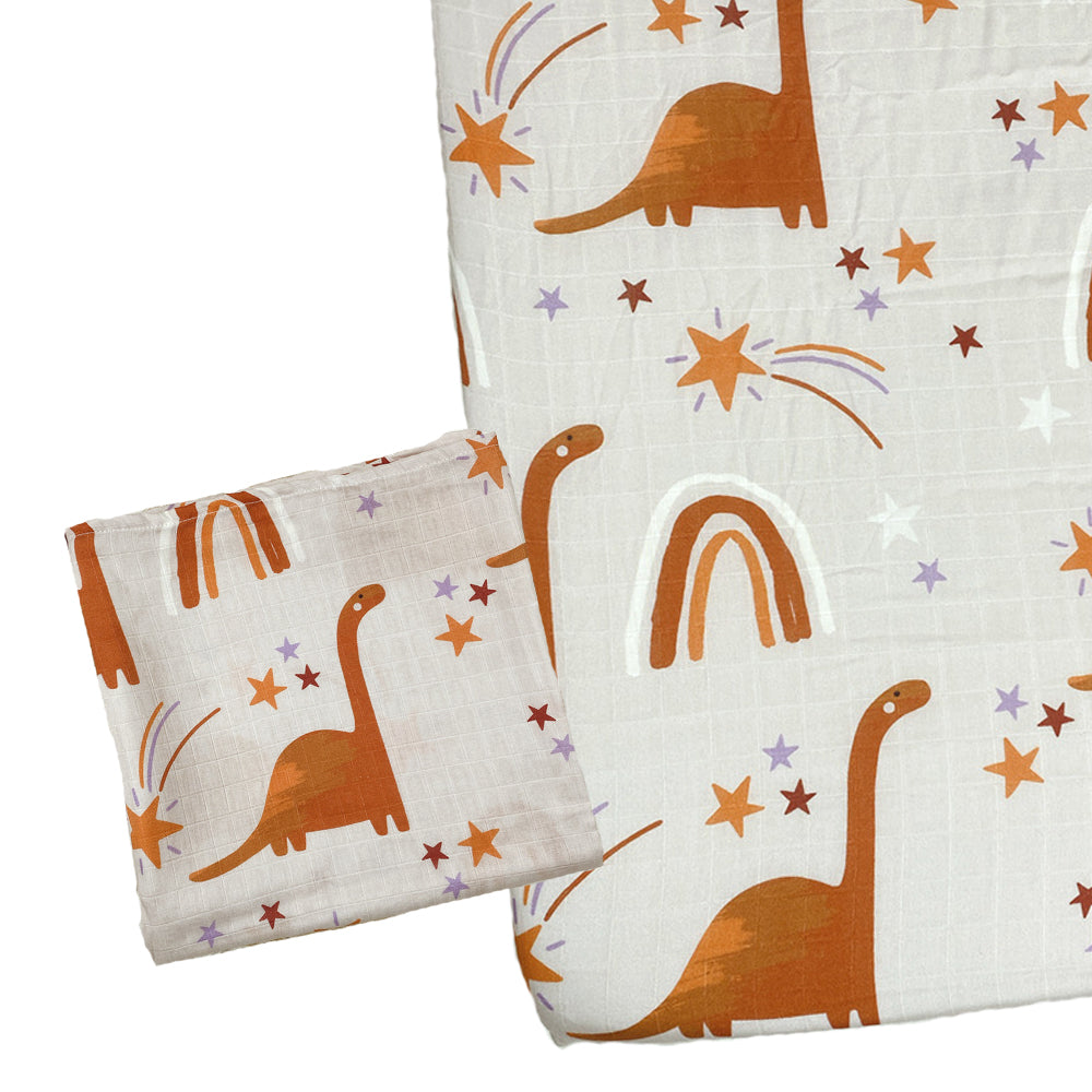Muslin Fitted Crib Sheet with Swaddle Blanket Set
