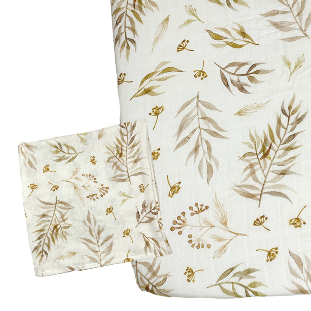 Muslin Fitted Crib Sheet with Swaddle Blanket Set