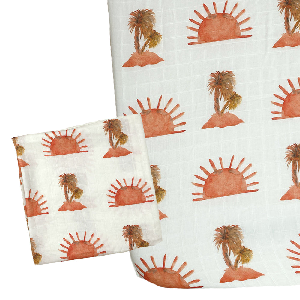 Muslin Fitted Crib Sheet with Swaddle Blanket Set