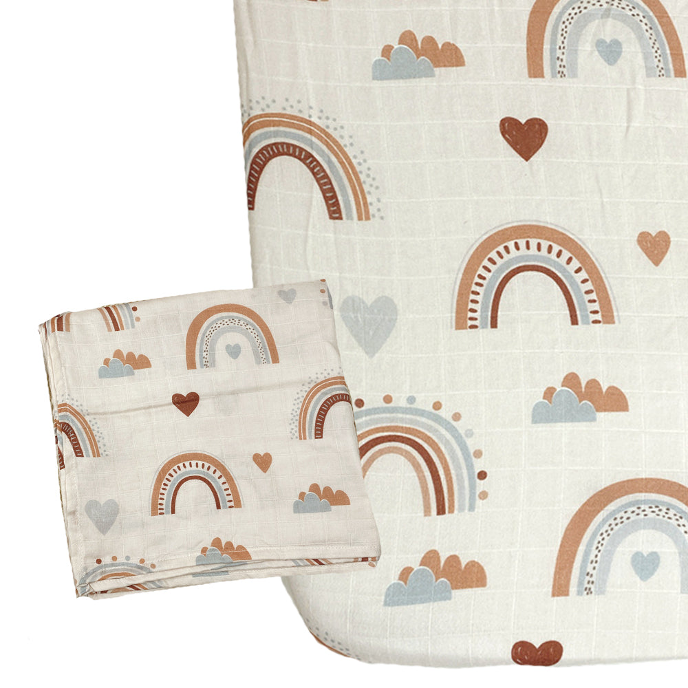 Muslin Fitted Crib Sheet with Swaddle Blanket Set