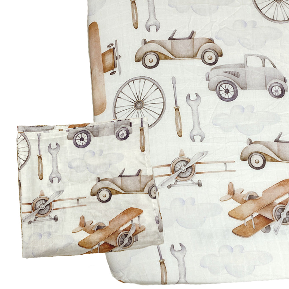 Muslin Fitted Crib Sheet with Swaddle Blanket Set