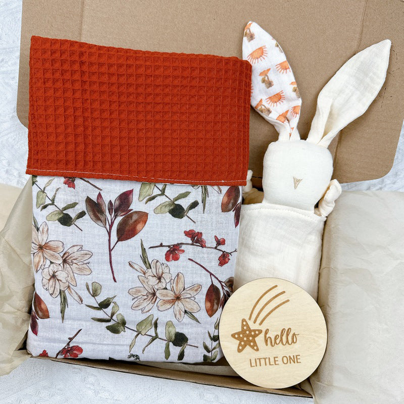 Plaid Waffle Gauzes Baby Blanket With Bunny Plaque Set