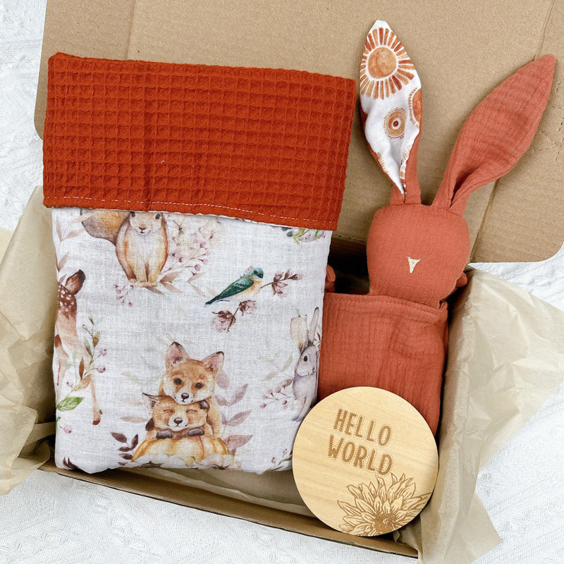 Plaid Waffle Gauzes Baby Blanket With Bunny Plaque Set