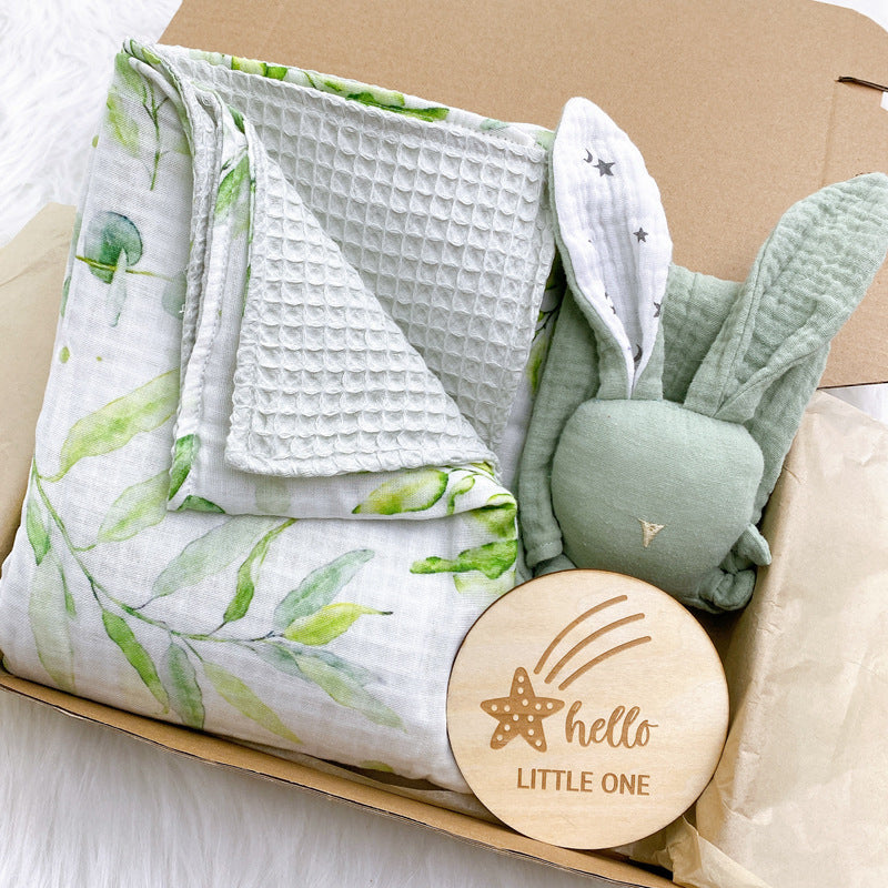 Plaid Waffle Gauzes Baby Blanket With Bunny Plaque Set