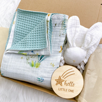 Plaid Waffle Gauzes Baby Blanket With Bunny Plaque Set