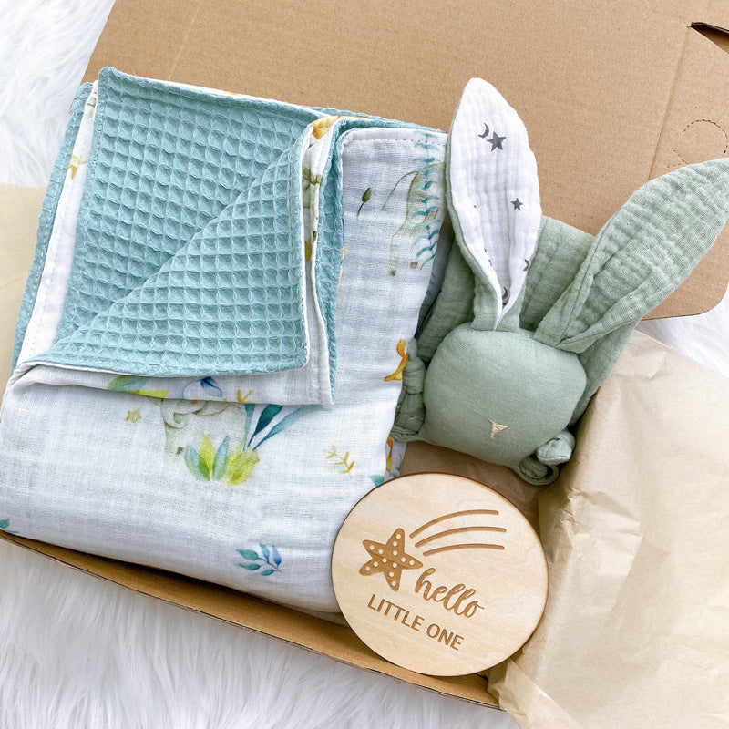 Plaid Waffle Gauzes Baby Blanket With Bunny Plaque Set