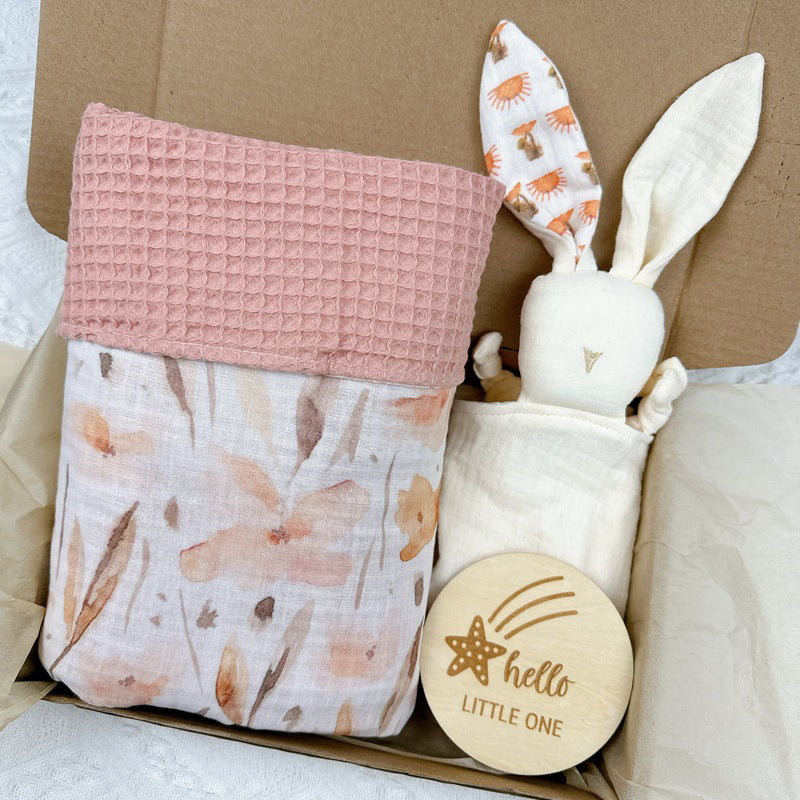 Plaid Waffle Gauzes Baby Blanket With Bunny Plaque Set