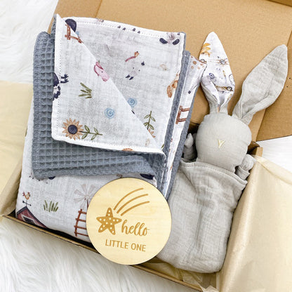 Plaid Waffle Gauzes Baby Blanket With Bunny Plaque Set