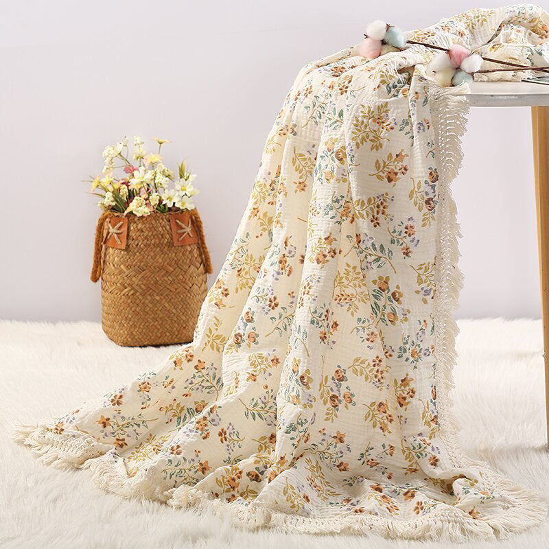 Gauze Muslin Blossom with Fringe Blanket