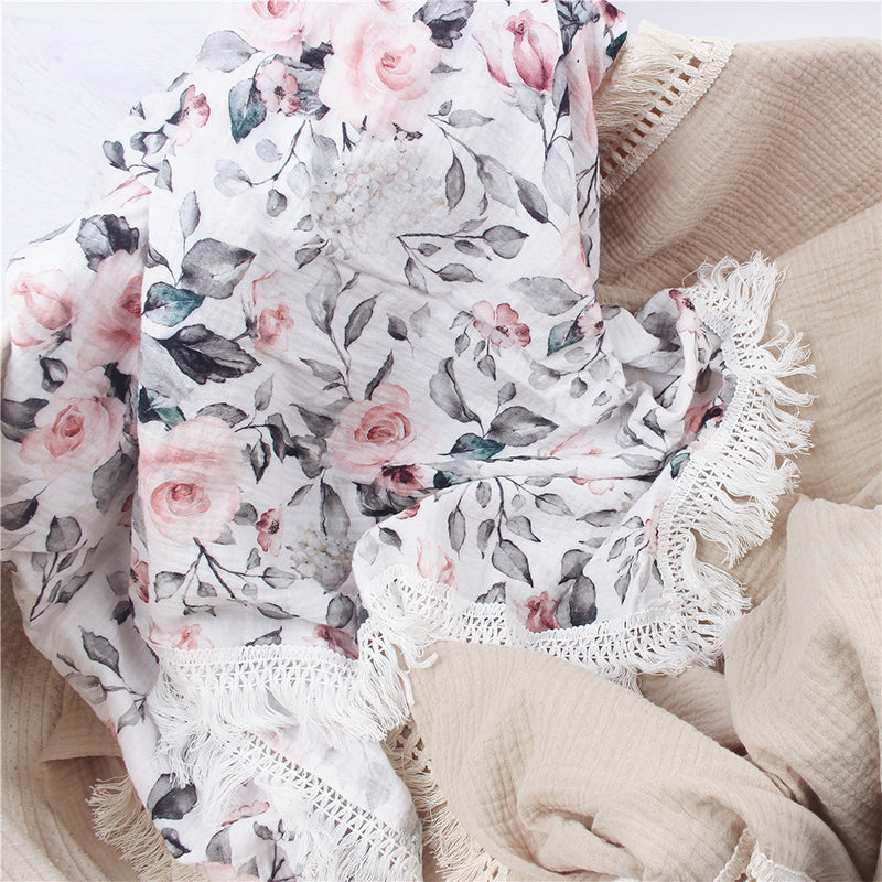 Gauze Muslin Blossom with Fringe Blanket
