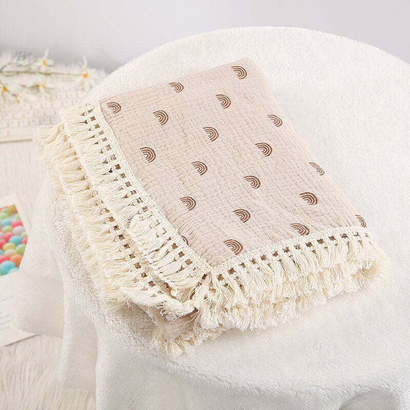 Organic Gauze Muslin Rainbow Print with Fringe Blanket