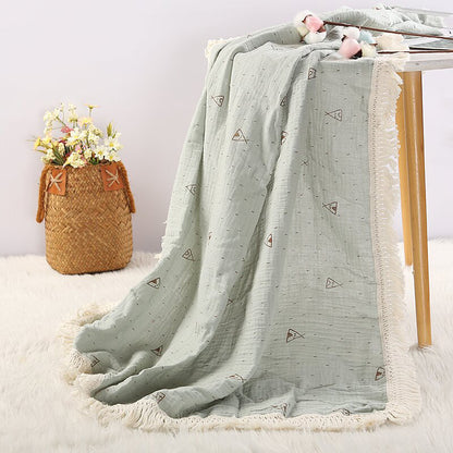 Organic Gauze Muslin Rainbow Print with Fringe Blanket