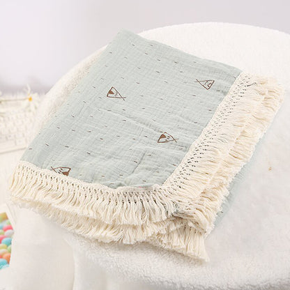 Organic Gauze Muslin Rainbow Print with Fringe Blanket