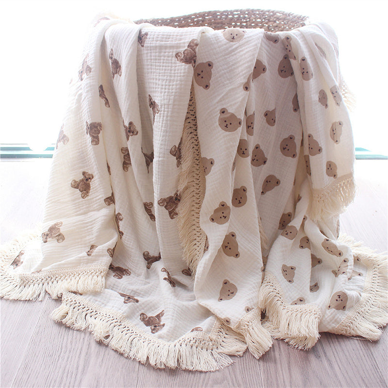 Organic Gauze Muslin Rainbow Print with Fringe Blanket