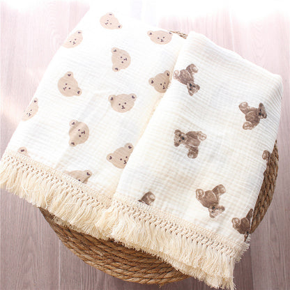 Organic Gauze Muslin Rainbow Print with Fringe Blanket