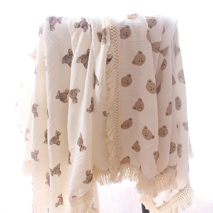 Organic Gauze Muslin Rainbow Print with Fringe Blanket