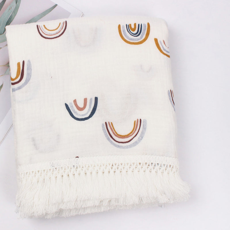 Organic Gauze Muslin Rainbow Print with Fringe Blanket