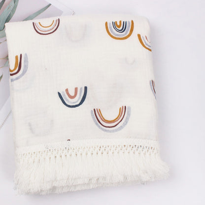 Organic Gauze Muslin Rainbow Print with Fringe Blanket