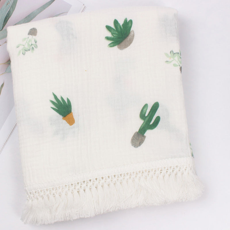 Organic Gauze Muslin Rainbow Print with Fringe Blanket