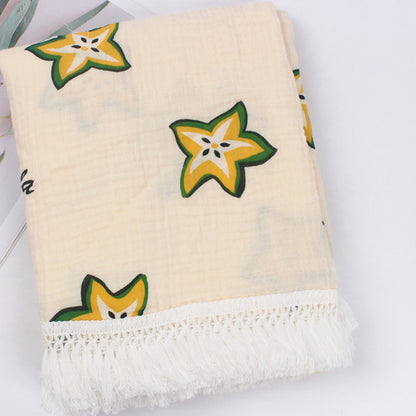 Organic Gauze Muslin Rainbow Print with Fringe Blanket