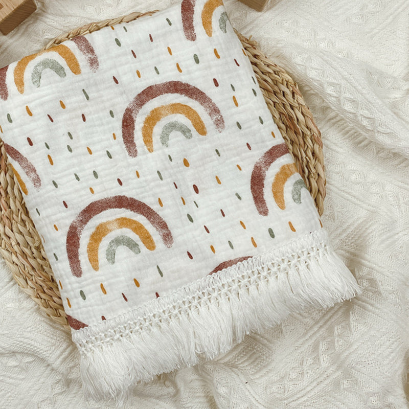 Organic Gauze Muslin Rainbow Print with Fringe Blanket