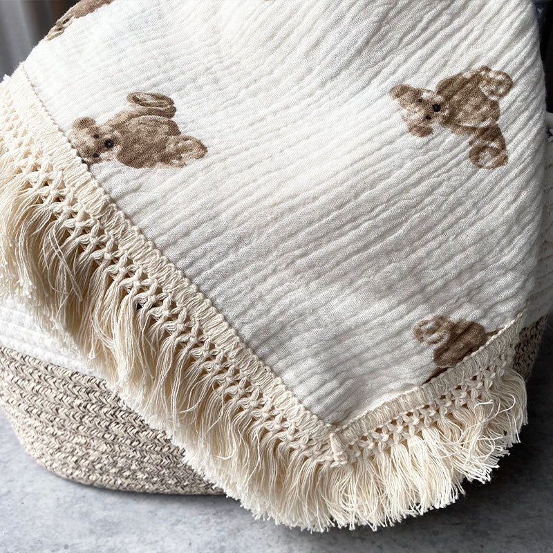 Organic Gauze Muslin Rainbow Print with Fringe Blanket