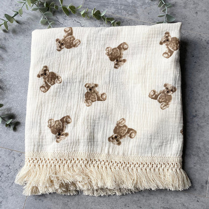 Organic Gauze Muslin Rainbow Print with Fringe Blanket