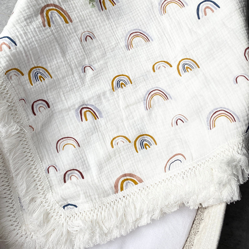 Organic Gauze Muslin Rainbow Print with Fringe Blanket