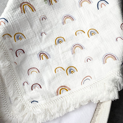Organic Gauze Muslin Rainbow Print with Fringe Blanket