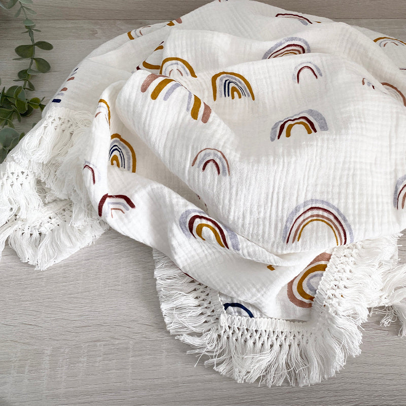 Organic Gauze Muslin Rainbow Print with Fringe Blanket