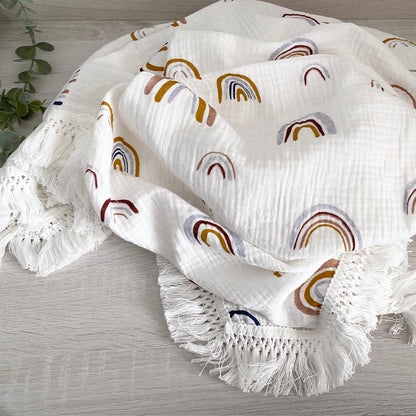 Organic Gauze Muslin Rainbow Print with Fringe Blanket