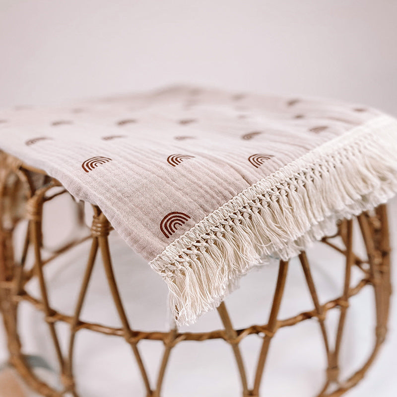 Organic Gauze Muslin Rainbow Print with Fringe Blanket