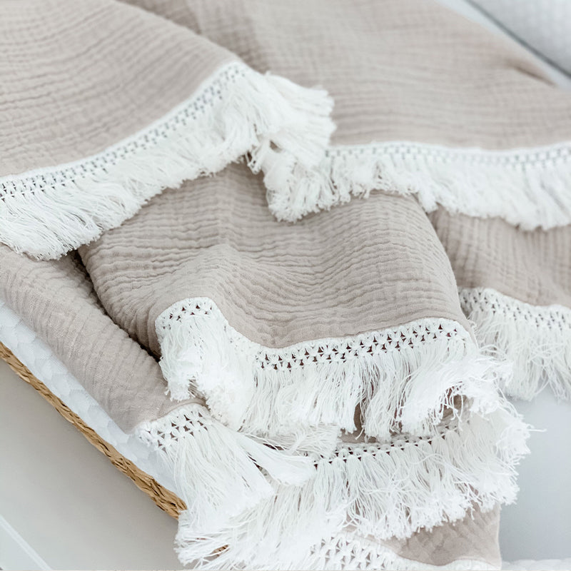 Organic Gauze Muslin Single Tone with Fringe Blanket