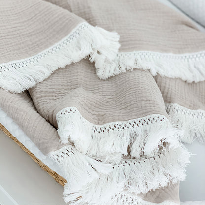 Organic Gauze Muslin Single Tone with Fringe Blanket