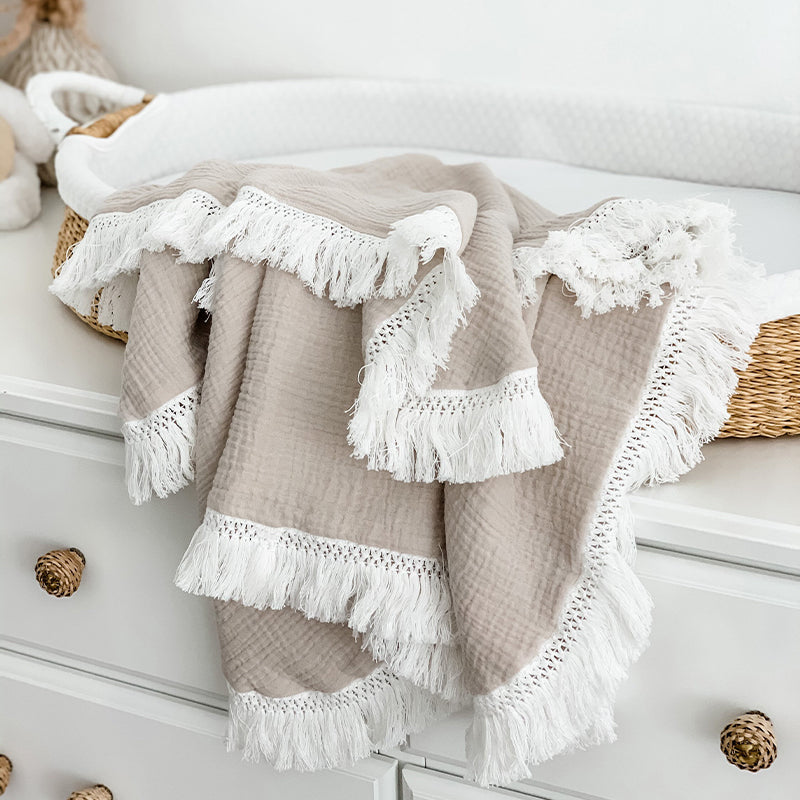 Organic Gauze Muslin Single Tone with Fringe Blanket