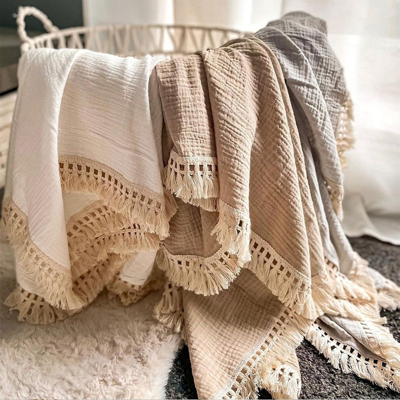 Organic Gauze Muslin Single Tone with Fringe Blanket