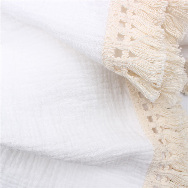 Organic Gauze Muslin Single Tone with Fringe Blanket