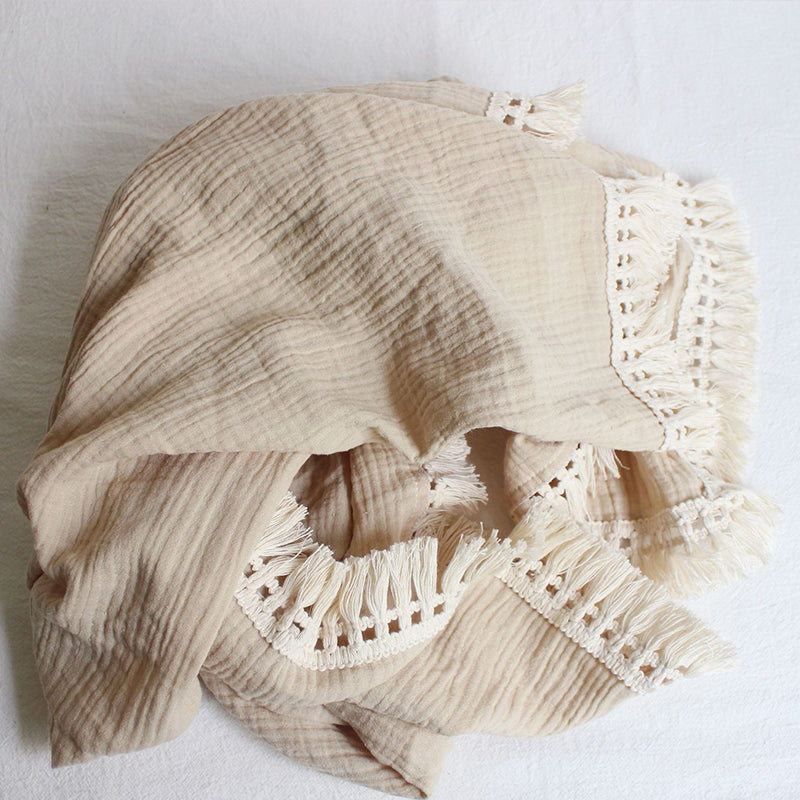 Organic Gauze Muslin Single Tone with Fringe Blanket