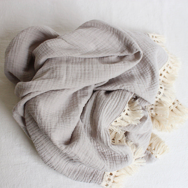 Organic Gauze Muslin Single Tone with Fringe Blanket