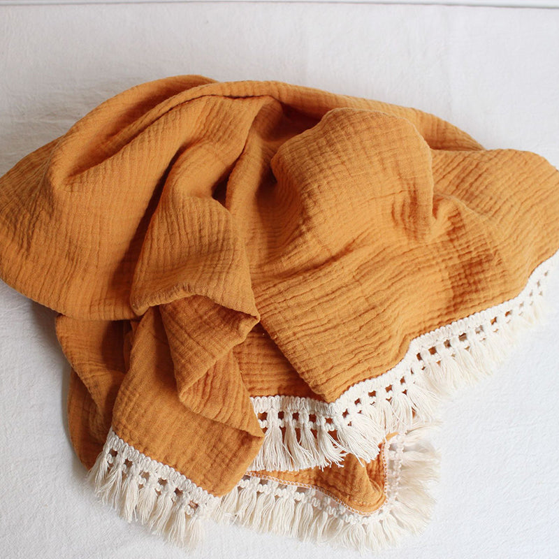 Organic Gauze Muslin Single Tone with Fringe Blanket