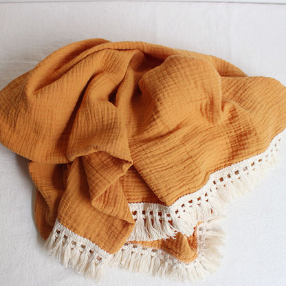 Organic Gauze Muslin Single Tone with Fringe Blanket