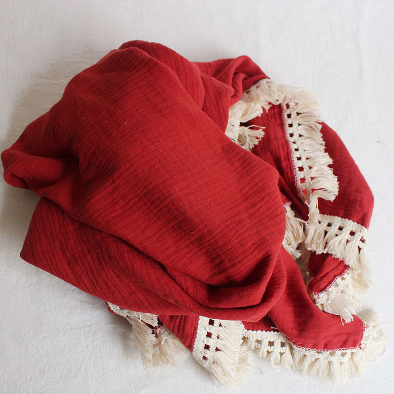 Organic Gauze Muslin Single Tone with Fringe Blanket