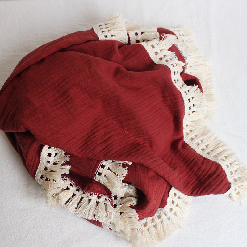 Organic Gauze Muslin Single Tone with Fringe Blanket