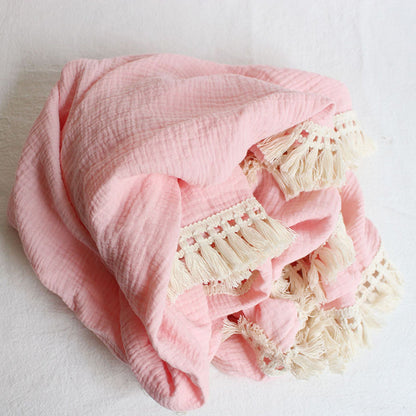 Organic Gauze Muslin Single Tone with Fringe Blanket