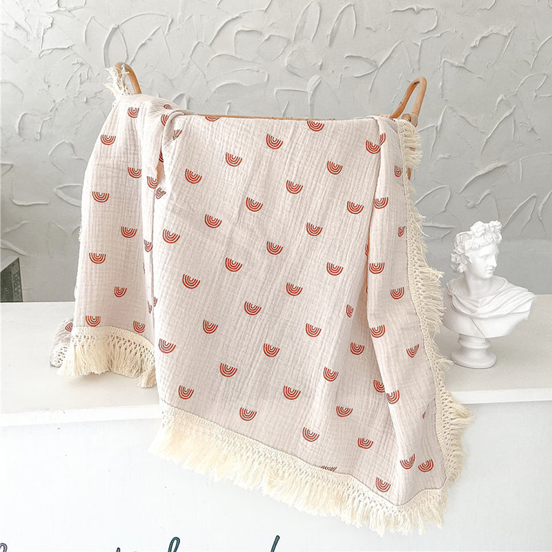 Organic Gauze Muslin Rainbow Print with Fringe Blanket